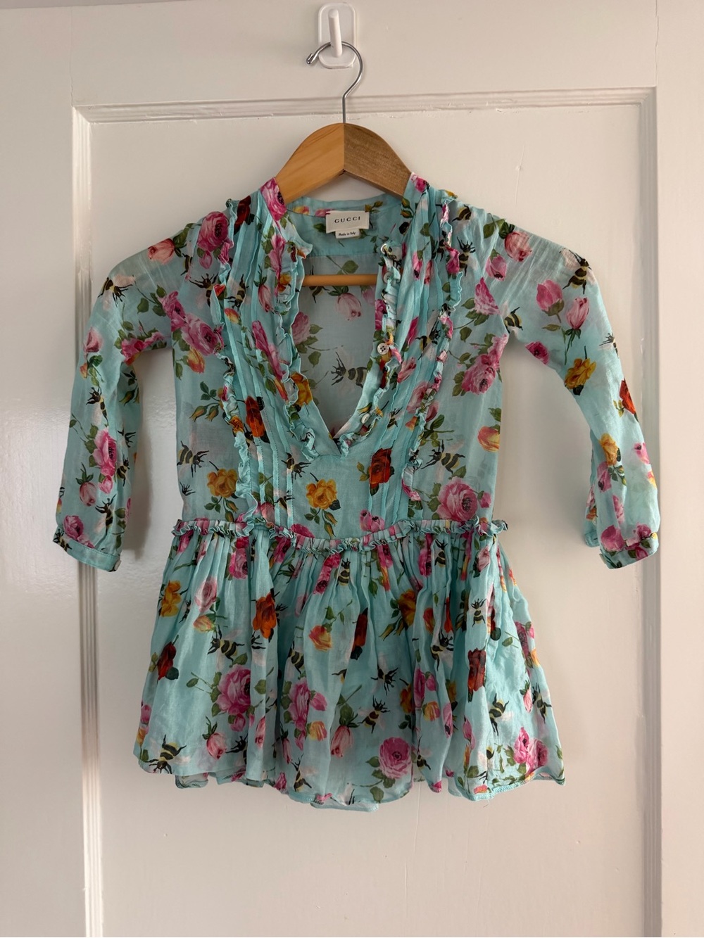 Gucci Girls' Aqua Floral Ruffle Neck Tunic